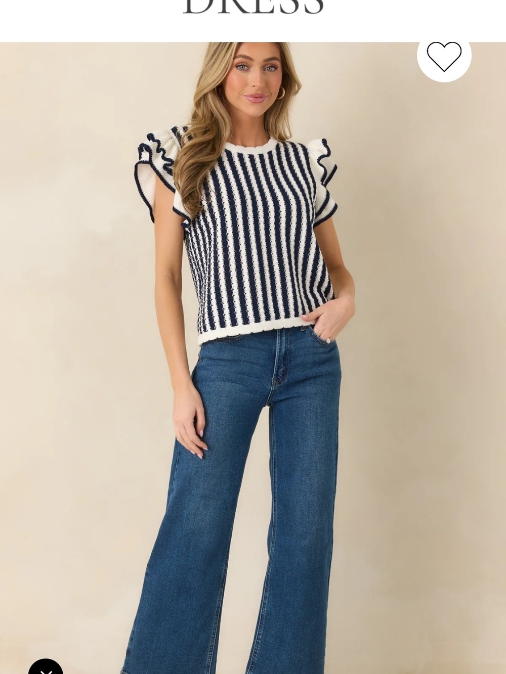 entro Navy and White Knit Top with Scalloped Edge